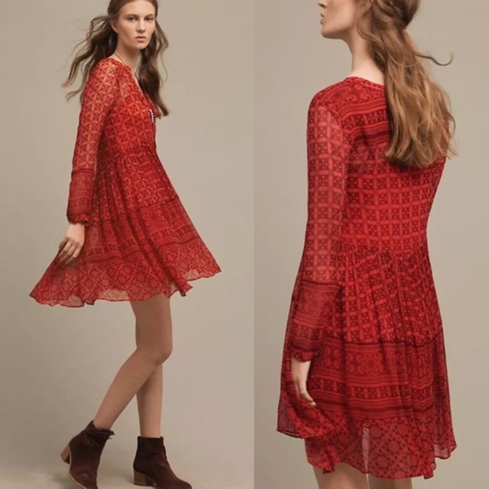 Anthropologie Maeve Long Sleeve Sheer Red Dress sz 6 Petite 6P